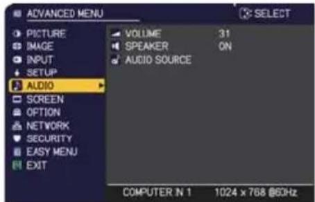 ADVANCED MENU PICTURE IMAGE INPUT SETUP AUDIO SCREEN OPTION NETWORK SECURITY EASY MENU EXIT VOLUME 31 SPEAKER ON AUDIO SOURCE COMPUTER IN 1 1024 x 768 @60Hz