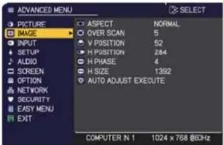 ADVANCED MENU PICTURE IMAGE INPUT SETUP AUDIO SCREEN OPTION NETWORK SECURITY EASY MENU EXIT ASPECT NORMAL OVER SCAN 5 V POSITION 52 H POSITION 284 H PHASE 4 H SIZE 1392 AUTO ADJUST EXECUTE COMPUTER IN 1 1024 x 768 @60Hz