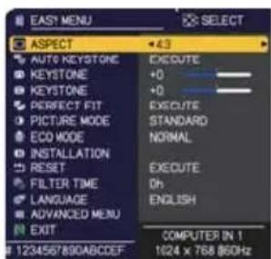 EASY MENU ASPECT AUTO KEYSTONE KEYSTONE KEYSTONE PERFECT FIT PICTURE MODE ECO MODE INSTALLATION RESET FILTER TIME LANGUAGE ADVANCED MENU EXIT 1234567890ABCEF 43 EXECUTE +0 +0 EXECUTE STANDARD NORMAL EXECUTE Oh ENGLISH COMPUTER IN 1 1024 x 768 860Hz