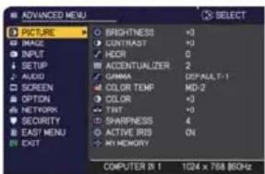 ADANCED MENU PICTURE MAGE INPUT SETUP AUDIO SCREEN OPTION NETWORK SECURITY EASY MENU EXIT BRIGHTNESS CONTRAST HICOR ACCENTUALIZER GIMMA COLOR TEMP COLOR TEXT SHARPNESS ACTIVE IRIS MY MEMORY +3 +0 0 2 DEFAULT-1 MD-2 +3 +0 4 ON COMPUTER IN 1 1Q24 x 768 8GHz