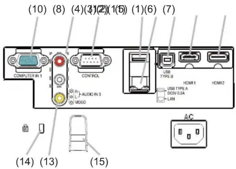 (10) (8) (4)(3)(2)(1)(6) (1)(6) (7) COMPUTER IN 1 CONTROL R AUDIO IN 3 VIDEO USB TYPE B HDMI1 HDMI2 USB TYPE A DCSV 0.5A LAN (14) (13) (15) AC