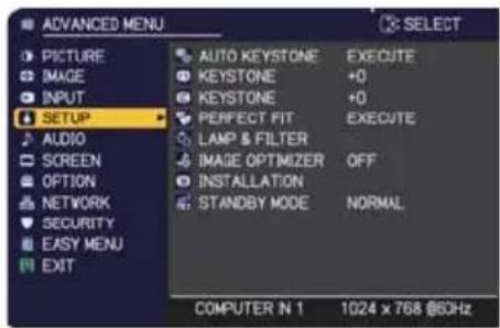 ADVANCED MENU PICTURE IMAGE INPUT SETUP AUDIO SCREEN OPTION NETWORK SECURITY EASY MENU EXIT AUTO KEYSTONE EXECUTE KEystone +0 KEYSTONE +0 PERFECT FIT EXECUTE LAMP & FILTER IMAGE OPTIMIZER OFF INSTALLATION STANDBY MODE NORMAL COMPUTER IN 1 1024 x 768 @50Hz
