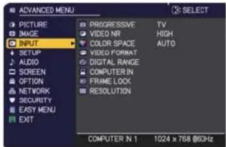 ADVANCED MENU PICTURE IMAGE INPUT SETUP AUDIO SCREEN OPTION NETWORK SECURITY EASY MENU EXIT PROGRESSIVE TV VIDEO NR HIGH COLOR SPACE AUTO VIDEO FORMAT DIGITAL RANGE COMPUTER IN FRAME LOCK RESOLUTION COMPUTER IN 1 1024 x 768 @60Hz