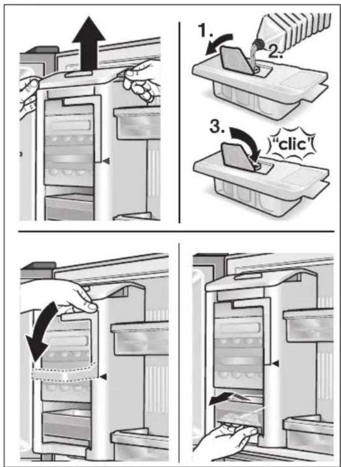 Diagram illustrating four steps of a cleaning or cleaning process in a refrigerator, with numbered instructions and directional arrows.