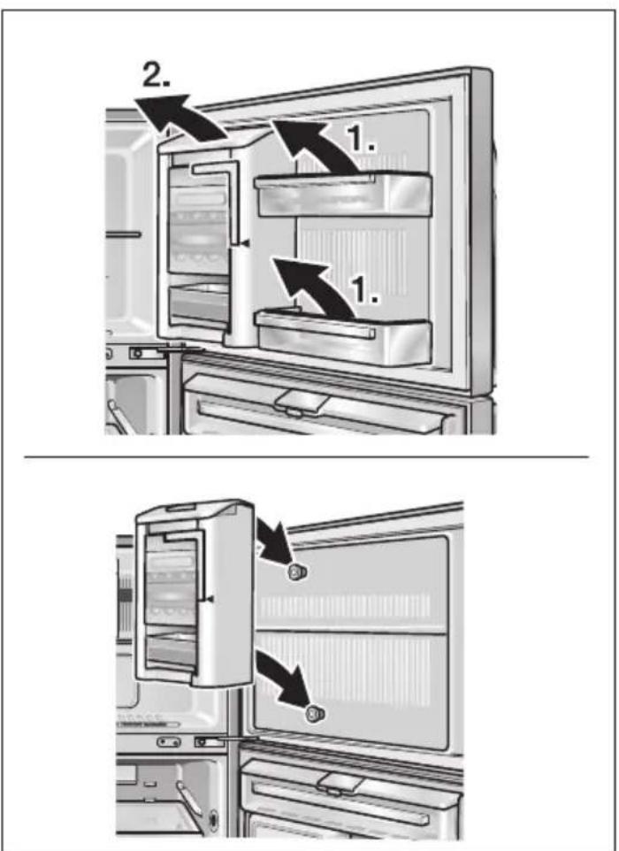 Diagram showing refrigerator door opening process with numbered steps and directional arrows indicating sequence