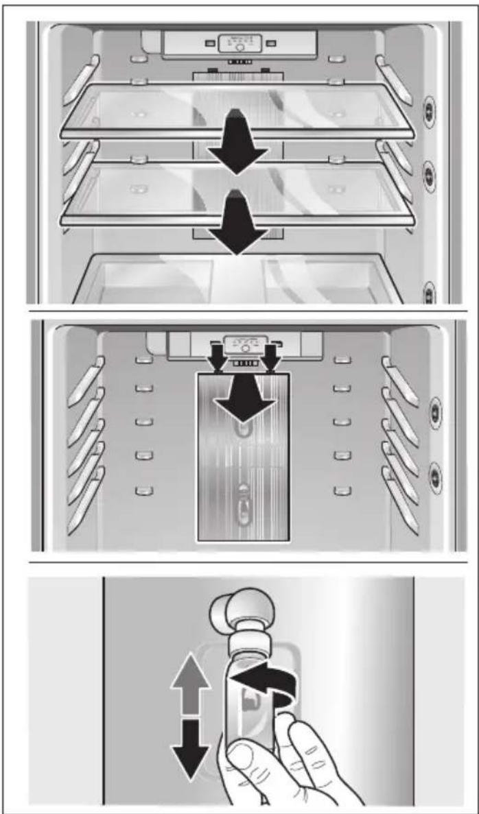 Diagram illustrating three steps of appliance door opening: opening, pressing down, and adjusting a handle.