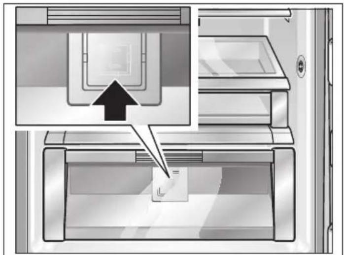 Diagram showing a door with an open refrigerator and a close-up of the interior, highlighting a key component.