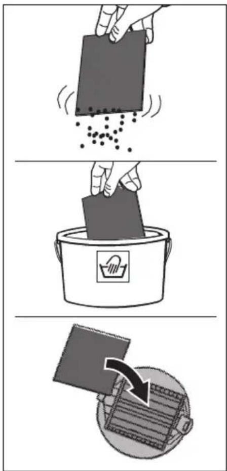 Diagram illustrating three steps of a food processing procedure: cutting, pouring granular material into a pot, and adding a net to a storage tray.