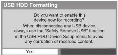 PANASONIC TX-P65VT30B - Confirmation to enable USB HDD for recording - 1