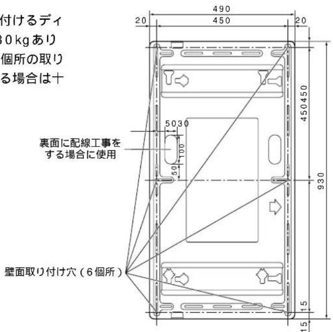 付けるディ 0 kgあり 個所の取り る場合は十 490 450 20 5030 100 50 450450 930 壁面取り付け穴（6個所） 1.5 1.5