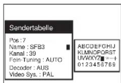 Sendertabelle Pos: 7 Name: SFB3 Kanal: 39 Fein-Tuning: AUTO Decoder: AUS Video Sys.: PAL ABCDEFGHIJKLMNOPQRSTUVWXYZ: *-+ 0123456769