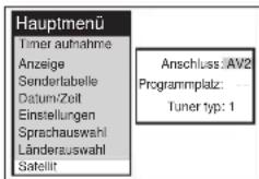 Hauptmenü Timer aufnahme Anzeige Senderlabelle Datum:Zeit Einstellungen Sprachauswahl Länderauswahl Satellit Anschluss:AV2 Programmplaz: Tuner typ: 1