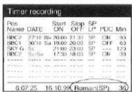 Timer recording Pos Name DATE Start ON Stop OFF SP LP PDC Min BBC7 27:10 Wa 20:00 21:30 SP ON 90 BBC1 30:10 Sa 19:00 20:00 SP OFF 60 SKY G Si 21:00 23:00 SP -- 120 BBC7 Si-Sa 17:30 18:00 SP ON 50 6.07.25 16 10.95 Reman(SP) 30