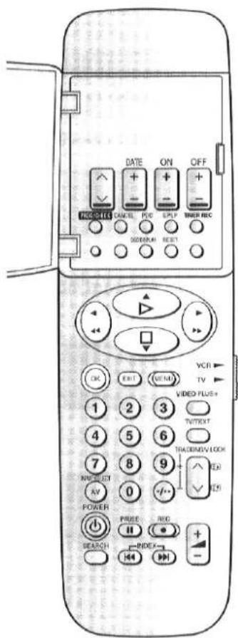 DATE ON OFF TREESHOLD CANCEL PVC SPLIT TIMER REC OK EXIT MEAD VCR TV 1 2 3 VIDEO PLUS+ 4 5 6 TUTREXT 7 8 9 TRACKMOV-LOCK RBCUCT AV 0 -/- + POWER PRIDE REG + SEARCH INDEX - + -