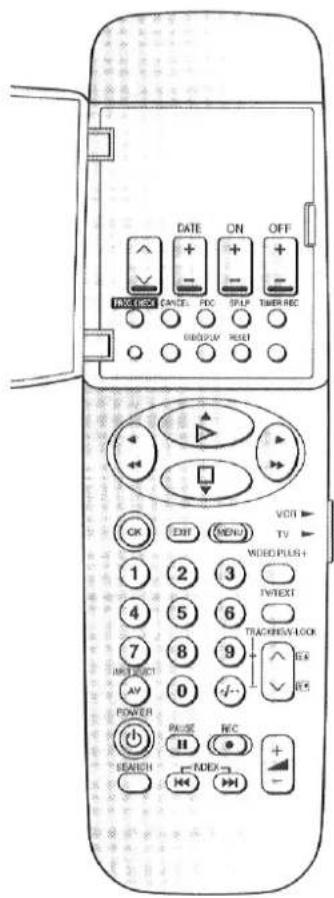 DATE ON OFF FXG CHECK CANCEL FDC SFLP TIMER REC DISPLAY HOLE OK EXIT MENU VOUT TV 1 2 3 VIDEO PLUS + 4 5 6 INVEXT TRACKEN-LOCK 7 8 9 EX IMPORT AV 0 - EX POWER PAUSE REC + SEARCH INDEX + - + -