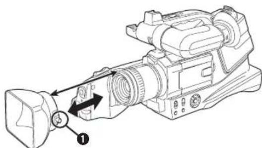 Technical diagram of a video camera with labeled parts and directional arrows indicating movement or assembly.