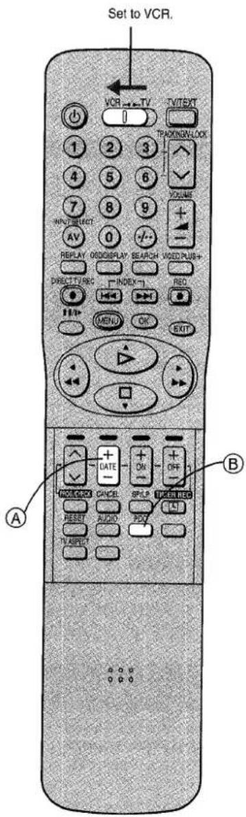 Auf VCR einstellen. VCR→TV TV/TEXT 1 2 3 4 5 6 7 8 9 INPUT SELECT AV 0 REPLAY OOOO DISPLAY SEARCH WOOD PLUG+ DIRECT TV REC INDEX RED MENU OK EXIT A DATE ON OFF INS L OEX CACR SP-LP T K S R IEC RESET AUDIO PD TV A BRY B A