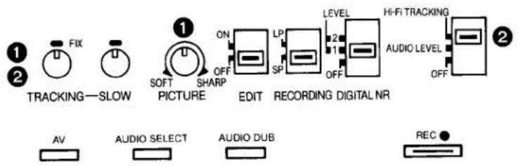 1 2 FIX TRACKING—SLOW 1 SOFT SHARP PICTURE ON OFF EDIT LP SP LEVEL 2 1 OFF Hi-Fi TRACKING AUDIO LEVEL OFF 2 AV AUDIO SELECT AUDIO DUB REC ●