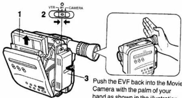 VTR CAMERA 1 2 Push the EVF back into the Movie Camera with the palm of your hand as shown in the illustration