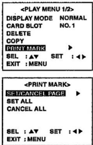 DISPLAY MODE NORMAL CARD SLOT NO.1 DELETE COPY PRINT MARK SEL : ▲▼ SET : ◀◀ EXIT : MENU SET/CANCEL PAGE SET ALL CANCEL ALL SEL : ▲▼ SET : ◀◀ EXIT : MENU