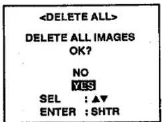 DELETE ALL IMAGES OK? NO YES SEL : ▲▼ ENTER : SHTR