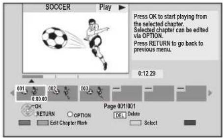SOCCER Play Press OK to start playing from the selected chapter. Selected chapter can be edited via OPTION. Press RETURN to go back to previous menu. 0:12.29 001 002 003 0:00:00 Page 001/001 OK OPTION DEL Delete RETURN Edit Chapter Mark Select