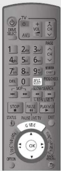 DRIVE SELECT TV VOL AV 1 2abc 3def! 4ghi 5kl 6mm 7g 8ruv 9N DEL 0 SKIP PAGE CH VISTA CAST PROG/CHECK SLOW/SEARCH REW LIVE TV STOP PAUSE PLAYX1.3 STATUS PAUSE LIVE TV EXIT G U D E OPTION FURGER/NEW BACK/RETURN