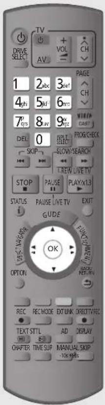 DRIVE SELECT TV AV VOL CH 1 2abc 3abc' 4ghi 5kl 6mcc 7p qts 8uv 9xyz DEL 0 SKIP SLOW/SEARCH TREW LIVE TV STOP PAUSE PLAY/XL3 STATUS PAUSE LIVE TV EXIT GUIDE FUNCTION/WHEM TIME NAME OK OPTION REC REC MODE EXTUNK OBJECTIVEC TEXT STTL AD DISPLAY CHAPTER TIME SUP MANUAL SKIP -10s Elects