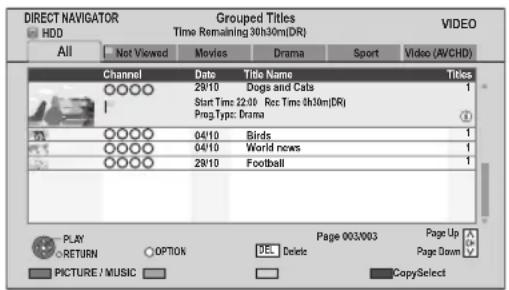 DIRECT NAVIGATOR Grouped Titles Time Remaining 30h30m(DR) HDD All Not Viewed Movies Drama Sport Video (AVCHD) Channel Date Title Name Titles 28/10 Dogs and Cats 1 Start Time: 22:00 Rec Time: 0h10m(DR) ProgType: Drama 1 04/10 Birds 1 04/10 World news 1 29/10 Football 1 PLAY RETURN OPTION Page 003/003 Page Up Page Down DEL Delete CopySelect PICTURE / MUSIC