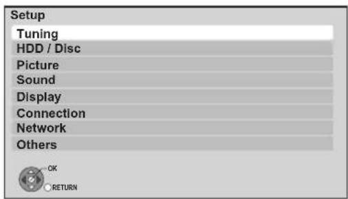 Setup Tuning HDD / Disc Picture Sound Display Connection Network Others OK RETURN