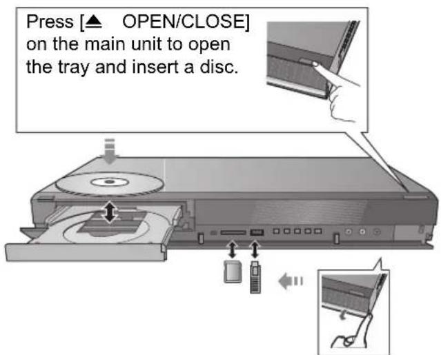 Press [▲ OPEN/CLOSE] on the main unit to open the tray and insert a disc.