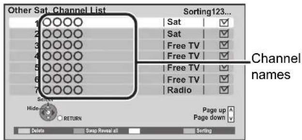Other Sat. Channel List 1 ○○○○ 2 ○○○○ 3 ○○○○ 4 ○○○○ 5 ○○○○ 6 ○○○○ 7 ○○○○ Select Hide RETURN Sorting123... Sat Sat Free TV Free TV Free TV Radio Channel names Page up Page down Delete Swap Rerevel all Sorting