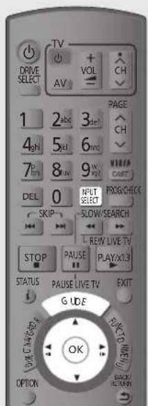 DRIVE SELECT TV AV VOL CH 1 2abc 3del 4igh 5kl 6mz 7lms 8lm 9lm DEL 0 SKIP PAGE CH CART PROG/CHECK SLOW/SEARCH NEW LIVE TV STOP PAUSE PLAY/M3 STATUS PAUSE LIVE TV EXIT GUIDE OK OPTION