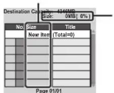 Destination Capacity: 43.46MP Size: 0MB(0%) No. Size New Item Title (Total=0) Page 01/01