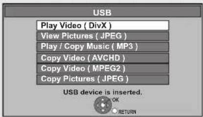 USB Play Video ( DivX ) View Pictures ( JPEG ) Play / Copy Music ( MP3 ) Copy Video ( AVCHD ) Copy Video ( MPEG2 ) Copy Pictures ( JPEG ) USB device is inserted. OK RETURN