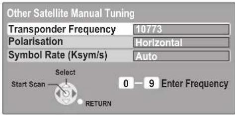 Other Satellite Manual Tuning Transponder Frequency 10773 Polarisation Horizontal Symbol Rate (Ksym/s) Auto Start Scan Select 0—9 Enter Frequency RETURN