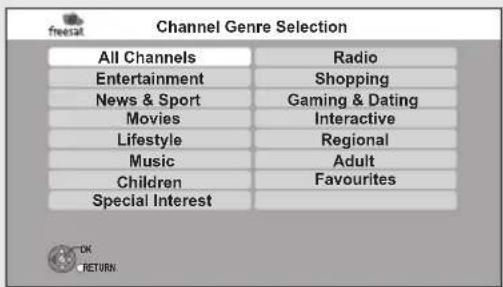 freesat Channel Genre Selection All Channels Radio Entertainment Shopping News & Sport Gaming & Dating Movies Interactive Lifestyle Regional Music Adult Children Favourites Special Interest