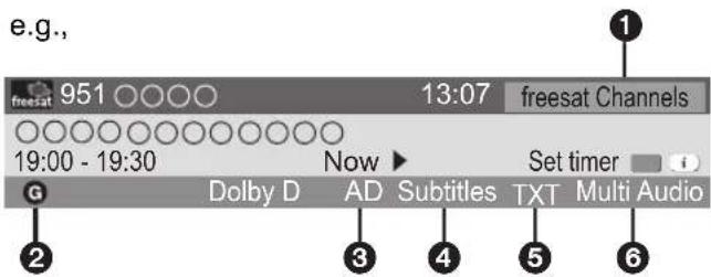 e.g., 951 ○○○○ 13:07 freesat Channels 19:00 - 19:30 Now ▶ Set timer G Dolby D AD Subtitles TXT Multi Audio ① ② ③ ④ ⑤ ⑥