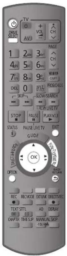 DRIVE SELECT TV AV VOL CH PAGE 1 2 abc 3 dcf 4GH 5kl 6 mcs 7P 8mV 9 mV DEL 0 INPUT SKIP SELECT SLOW/SEARCH NEW LIVE TV STOP PAUSE PLAY/XL3 STATUS PAUSE LIVE TV EXIT GUIDE NEXT/OPEN OPTION BACK/ RETURN REC REMODE EXTUNK DIRECTVREC TEXT STTL AD DISPLAY CHAPTER TIMESUP MANUAL SKIP- -10s →