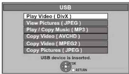 USB Play Video ( DivX ) View Pictures ( JPEG ) Play / Copy Music ( MP3 ) Copy Video ( AVCHD ) Copy Video ( MPEG2 ) Copy Pictures ( JPEG ) USB device is inserted. OK RETURN