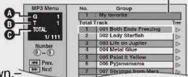 MP3 Menu G 1 T 1 TOTAL 1/111 Number 0 -- 5 Prev. Next No. Group 1 : My favorite Total Track Tree 1 001 Both Ends Freezing 2 002 Lady Starfish 3 003 Life on Jupiter 4 004 Metal Glue 5 005 Paint It Yellow 6 006 Pyjamamama 7 007 Shrimps from Mars