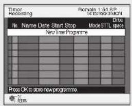 Timer Recording No. Name Date Start Stop New Timer Programme Pass OK to store new programme Domain: 1.04 SP 16:00:00:00CN Mode: ST L space