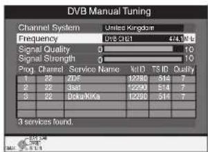 DVB Manual Tuning Channel System United Kingdom Frequency 1288 CHI 474.0 Hz Signal Quality 0 10 Signal Strength 0 10 Prog Channel Service Name IoT ID TS ID Quality 1 22 227 1238 514 7 2 22 Best 1239 514 7 3 22 Doka/KKs 1230 514 7 3 services found.