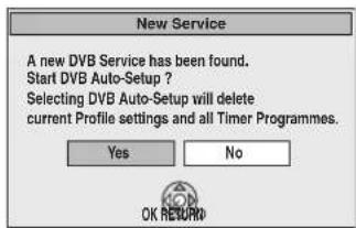 New Service A new DVB Service has been found. Start DVB Auto-Setup ? Selecting DVB Auto-Setup will delete current Profile settings and all Timer Programmes. Yes No OK RETURN