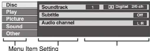 Disc Play Picture Sound Other Soundtrack 1 Digital 2/0 ch Subtitle Off Audio channel L R Menu Item Setting