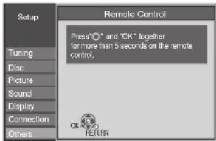 Setup Tuning Disc Picture Sound Display Connection Others Remote Control Press "O" and "CK" together for more than 5 seconds on the remote control. OK RETURN