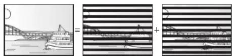 Diagram showing a bridge over water with an equals sign and a corresponding grid of horizontal lines, possibly representing a structural or engineering concept.