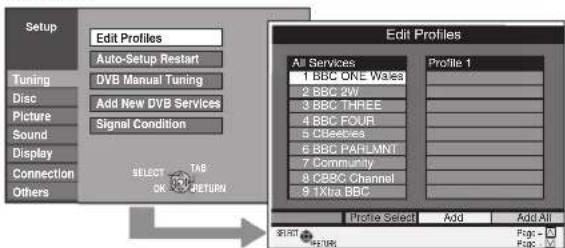 Setup Edit Profiles Auto-Setup Restart Tuning DVB Manual Tuning Add New DVB Services Picture Signal Condition Sound Display Connection Others SELECT TAB OK RETURN Edit Profiles All Services 1 BBC ONE Wales 2 BBC 2W 3 BBC THREE 4 BBC FOUR 5 C Beeties 6 BBC PARLMNT 7 Community 8 CBBC Channel 9 1Xtra BBC Profile 1 Profile Select Add Add All $1.00 $2.00 Page - 1 Page - 2