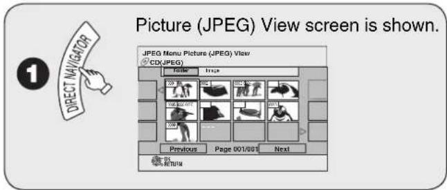 Picture (JPEG) View screen is shown. 1 DIRECT NAVIGATOR JPEG Menu Picture (JPEG) View CD(JPEG) Folder Image 2000 2001 2002 2003 Previous Page 001/001 Next RETURN