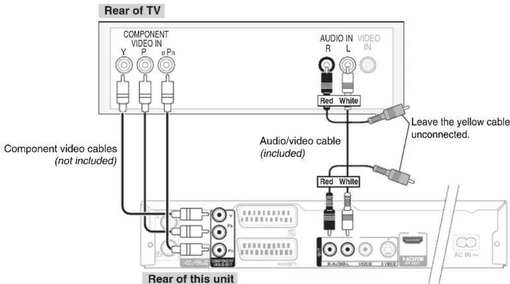 Rear of TV COMPONENT VIDEO IN Y P B Pn Component video cables (not included) Audio/Video cable (included) Audio IN R L VIDEO IN Red White Leave the yellow cable unconnected. Red White R-HA/DHA-L VIDEO EYELO AC IN~ Rear of this unit